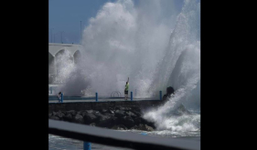 Turistas enfrentam o mar, em Santa Cruz