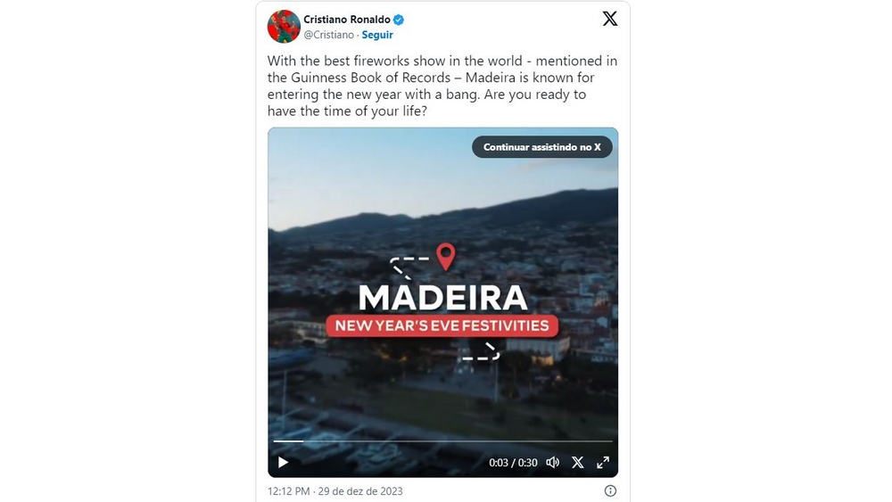 Ronaldo partilha vídeo sobre o fim de ano na Madeira. Veja o vídeo.